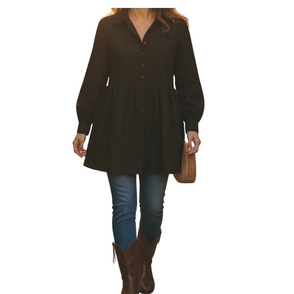 Double D Ranch Black Embroidered Western Boho Peplum Blouse Top Cotton L
